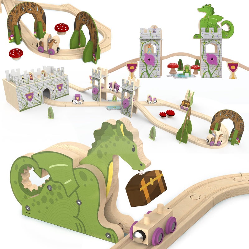 ORBRIUM 68 Pcs Fantasy Kingdom Adventure Wooden Train Set in Wooden Storage Box Unisex Children Toys Girls Boys 3 4 5 6 7 Years Compatible with Thomas  BRIO  Melissa and Doug  Imaginarium  IKEA - Image 1